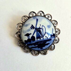 Vintage Delft Dutch porcelain and sterling silver windmill cameo round brooch.